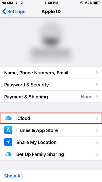 إعدادات معرف Apple مع تمييز خيار icloud