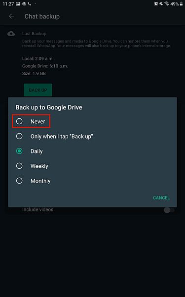 Backup para opções do google drive no whatsapp para android