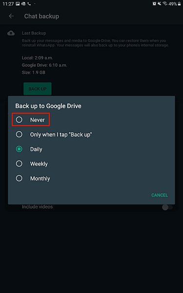 Back-up naar Google Drive-opties in WhatsApp voor Android