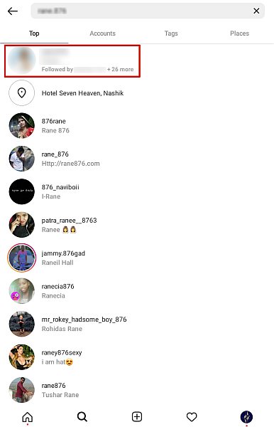 Kuvakaappaus Instagram-käyttäjähaun Instagram-hakutulossivusta