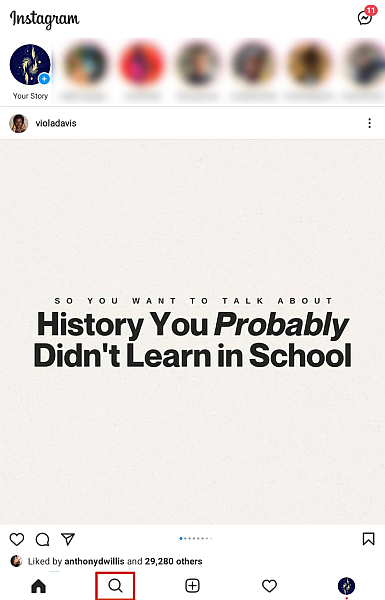 Kuvakaappaus Instagram-syötteestä, jossa hakupainike on korostettuna