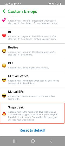 علامة تبويب الرموز التعبيرية المخصصة في Snapchat مع تمييز خيار snapstreak