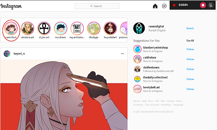 Instagram-Newsfeed mit hervorgehobener Instagram-Story-Schaltfläche