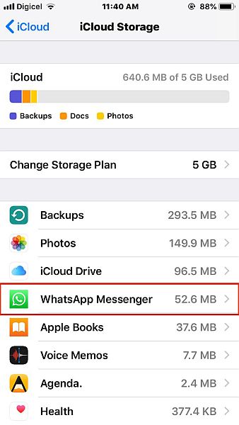 configurações de armazenamento do icloud com a opção whatsapp messenger destacada