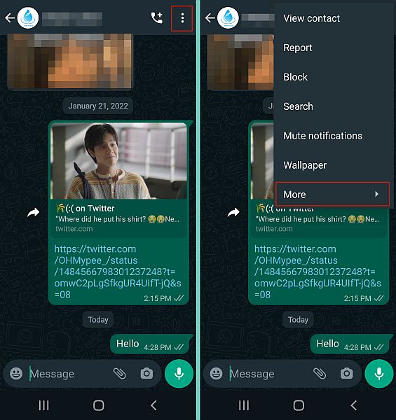Доступ к дополнительным параметрам чата в WhatsApp