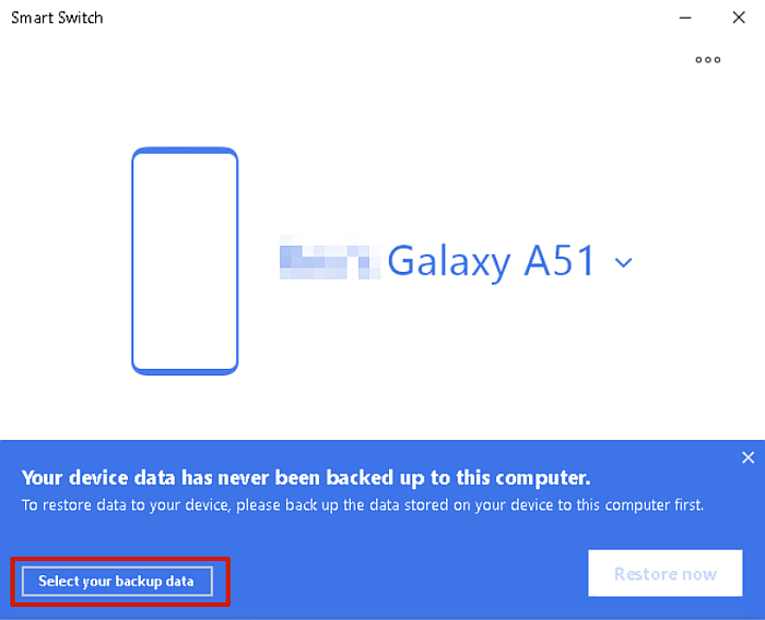 Ostrzeżenie o tworzeniu kopii zapasowej danych inteligentnego przełącznika Samsung z podświetlonym przyciskiem wyboru danych kopii zapasowej