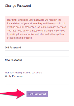 Twitchの新しいパスワードを設定する