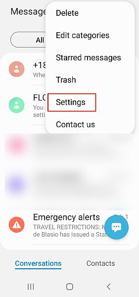 اختيار إعدادات تطبيق رسائل سامسونج