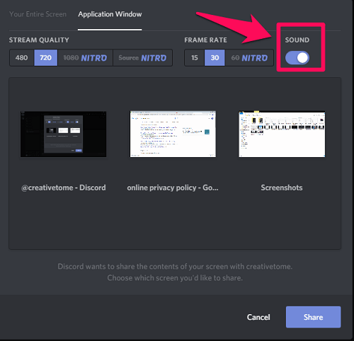 udostępniaj dźwięk podczas udostępniania ekranu na Discord