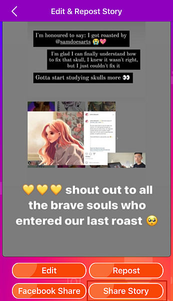 Repost Stories-App mit ausgewählter Instagram-Story und verschiedenen Schaltflächen darunter