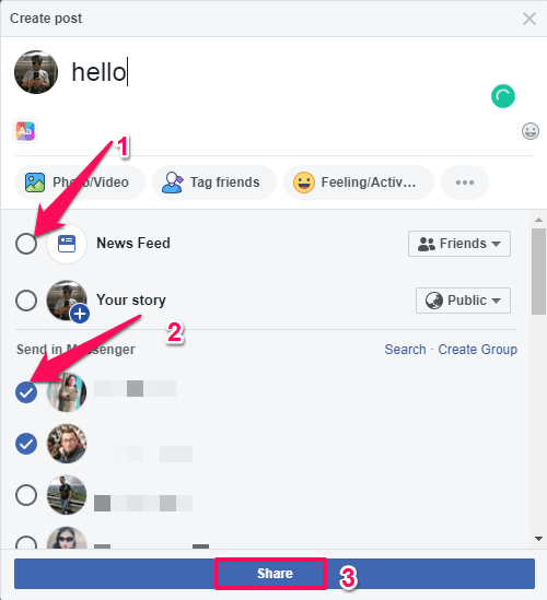 مشاركة منشور مع الأصدقاء على messenger