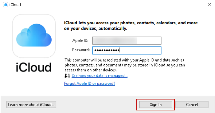 Přihlašovací panel iCloud