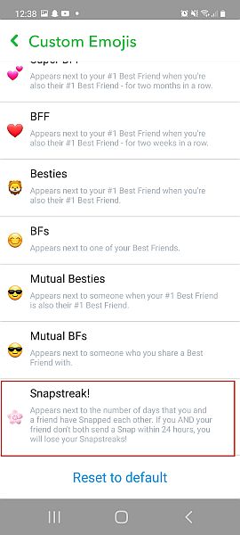突出顯示 snapstreak 選項的 Snapchat 自定義表情符號選項卡