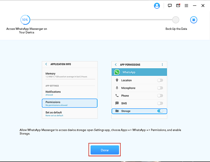Permissão de armazenamento do iTransor WhatsApp