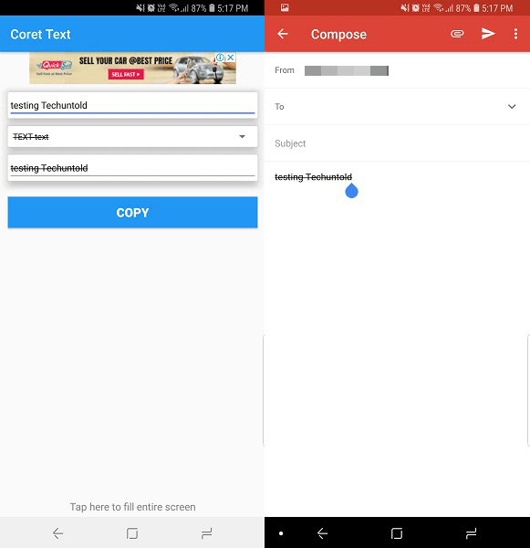 texto de tachado: tachado de Gmail con un dispositivo Android