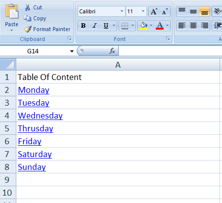 excel içindekiler tablosu