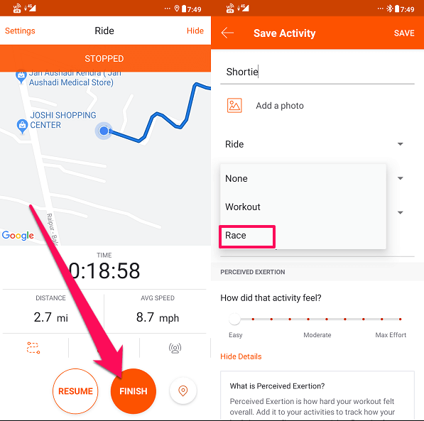 oznacz bieg jako wyścig na Strava
