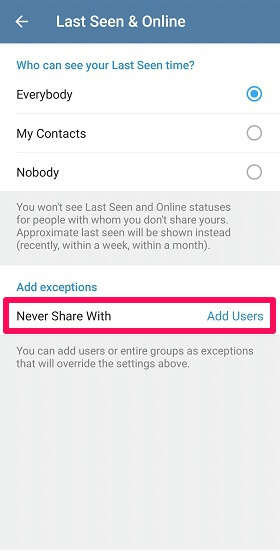 ocultar Telegram visto por última vez de personas específicas