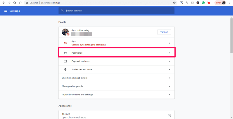 Klik på adgangskoder - Chrome