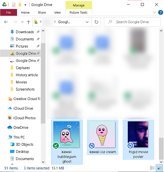 Složka disku Google na ploše s přenesenými soubory ze složky na disku icloud