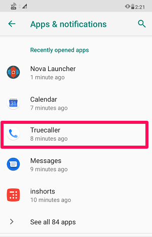 應用設置下的 Truecaller 應用