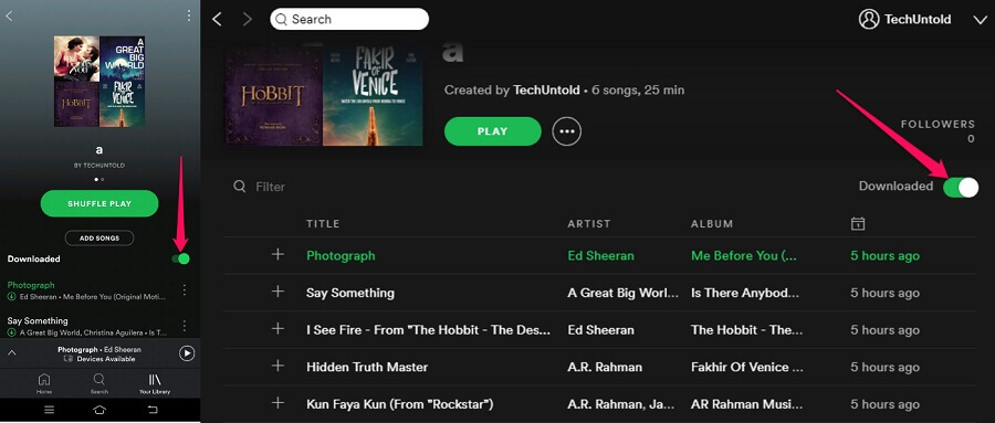 로컬 파일을 동기화하여 모바일 앱 Spotify