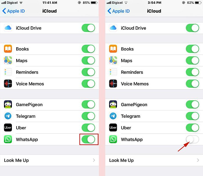 Az icloud meghajtó biztonsági mentésének kikapcsolása a WhatsApp számára