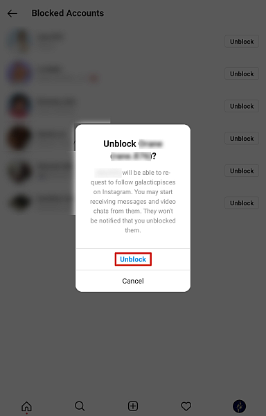 Kuvakaappaus Instagramin eston poistamisen vahvistuskehotuksesta