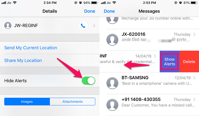 activar el chat y mostrar alertas para la conversación en el iPhone