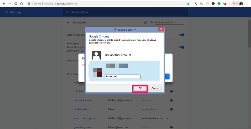 Windows-brugerkonto login under eksport af adgangskoder