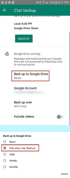 Copia de seguridad de los chats de WhatsApp en Google Drive