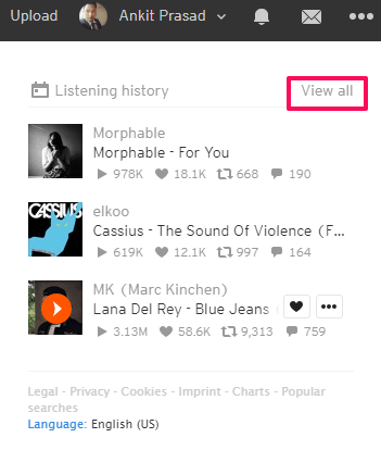 zobrazit celou historii poslechu na SoundCloud