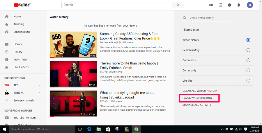 Histórico de exibição do YouTube