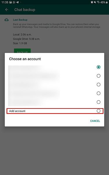 Geregistreerde Google-accounts verschijnen met de optie om een ​​account toe te voegen gemarkeerd
