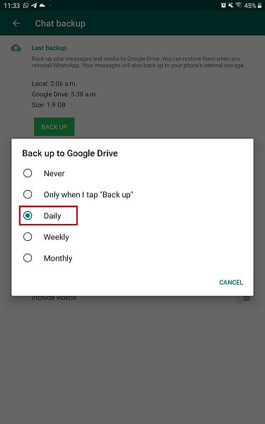 Maak een back-up naar het pop-upmenu van Google Drive met de dagelijkse optie gemarkeerd