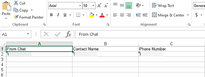 Arquivo de planilha exportado mostrando contatos do Whatsapp