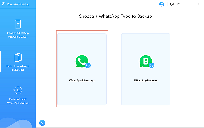 iTransor Escolha um tipo de WhatsApp para a página de backup