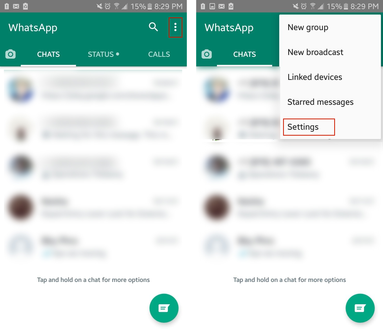 Accediendo a la configuración de whatsapp