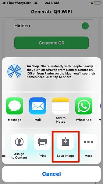 Lagrer QR-kodebilde generert i Wifi QR Code Generator-appen