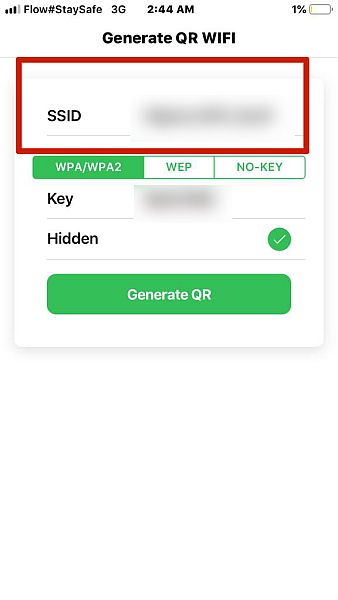 Skriv inn Wifi SSID til Wif QR Code Generator App