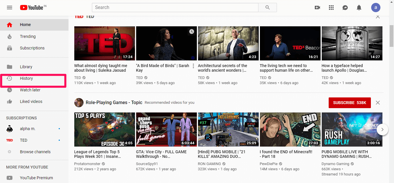 opção de histórico do youtube